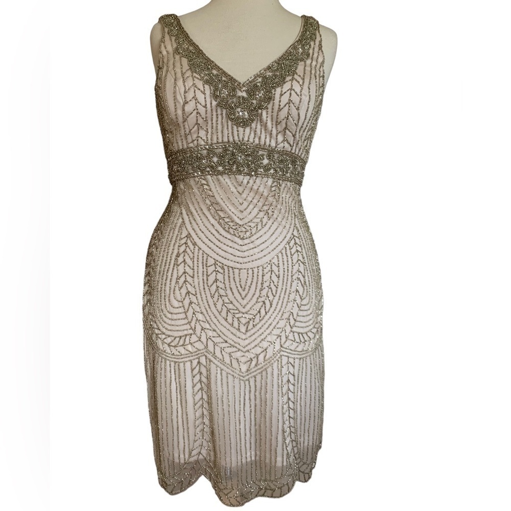SUE WONG 14 Champagne Beaded Formal Bridal cocktail Evening dress - Picture 5 of 17